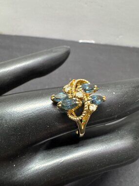 Gold Tone Floral Ring With Blue Marquise Stones Intricate Detailing Size 6